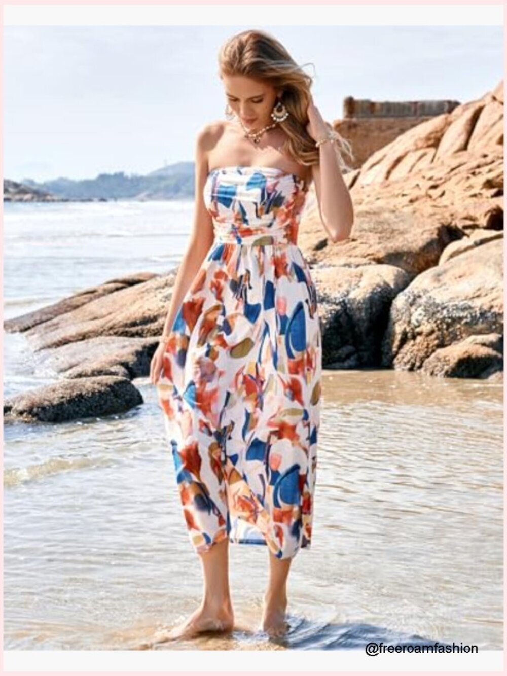 Strapless Ruched Maxi Dress with Pockets Elastic High Waist Flowy - Picture 4 of 6